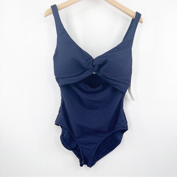 ANNE COLE Twist Front Navy Swimsuit One Piece Textured Cut Out Swim NWT Size 12 - Picture 2 of 11